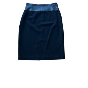 Lafayette 148 Elegant Black Leather Waist Wool Skirt